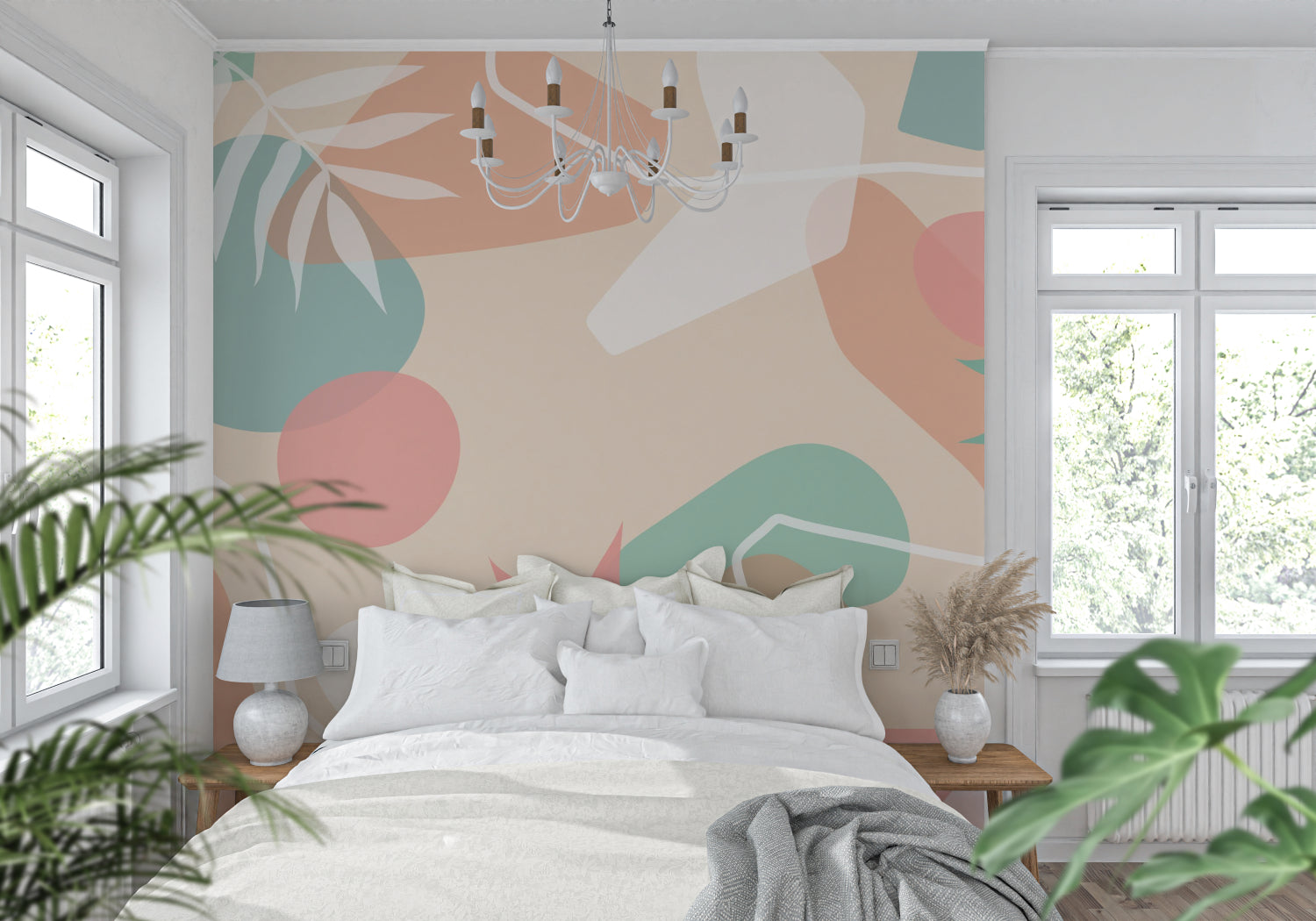 Dining area showcasing Abstract Leaf Wallpaper in soft beige and mint colors