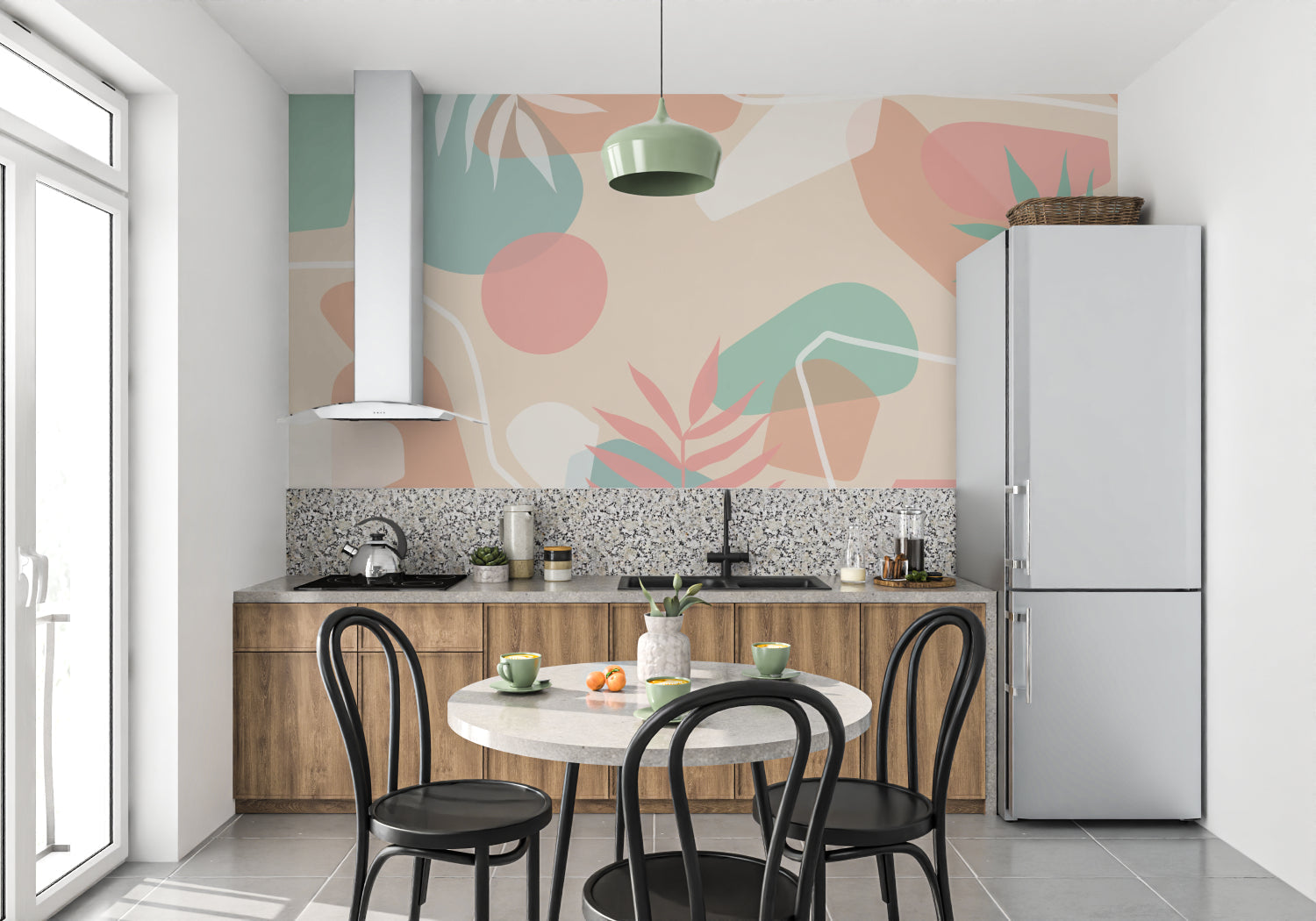 Reading nook with Modern Tropical Wallpaper highlighting gentle curved shapes