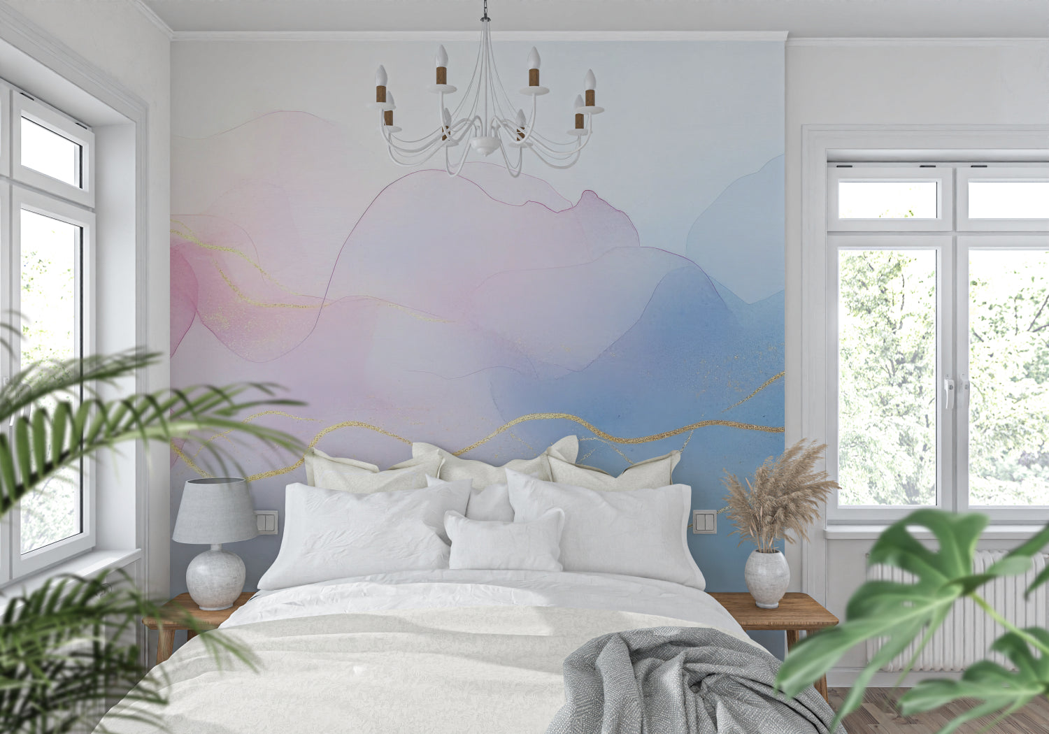 Pink and blue watercolor abstract wallpaper in modern living room with white sofa