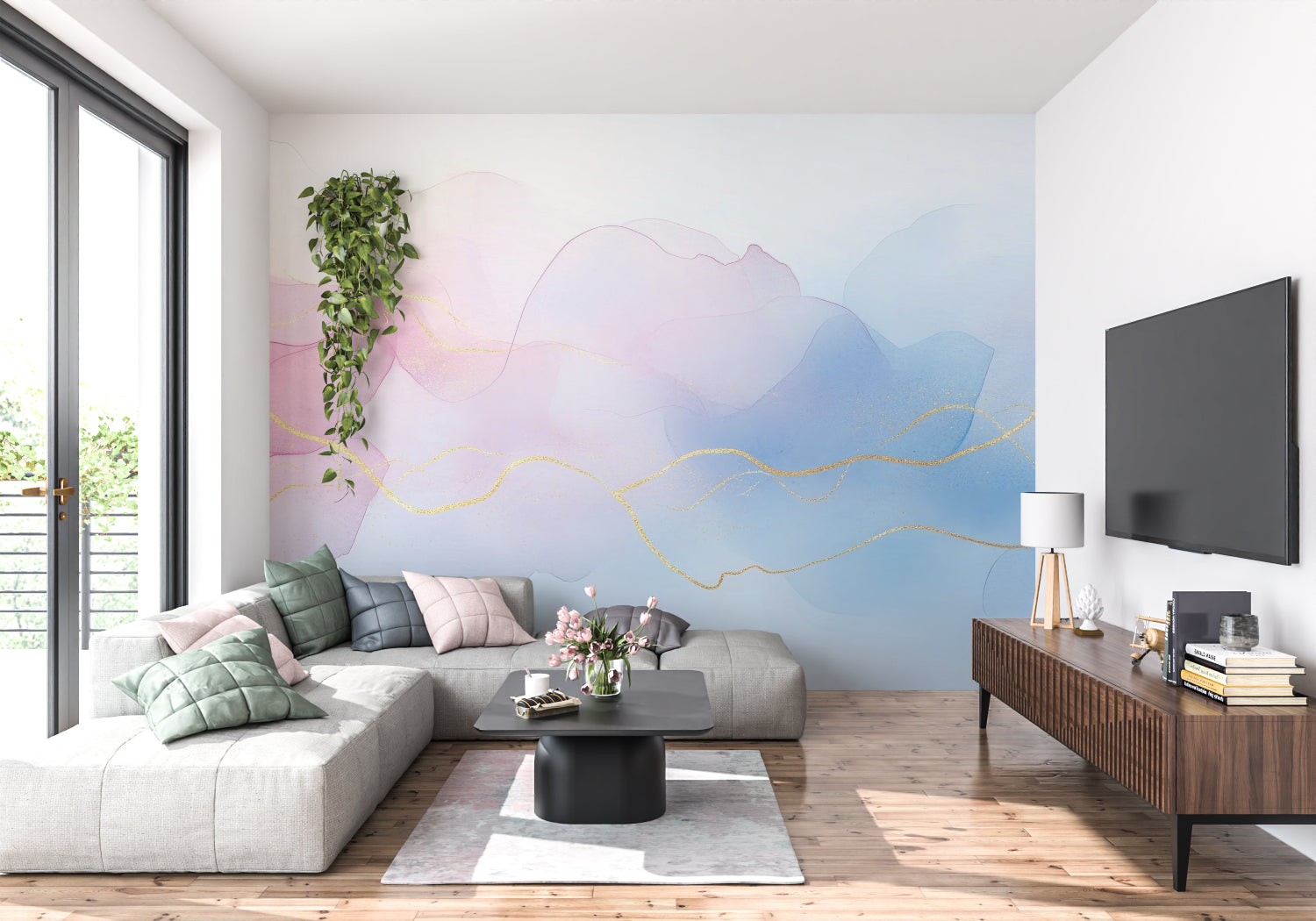 Pink and gold abstract wallpaper in luxury home office space