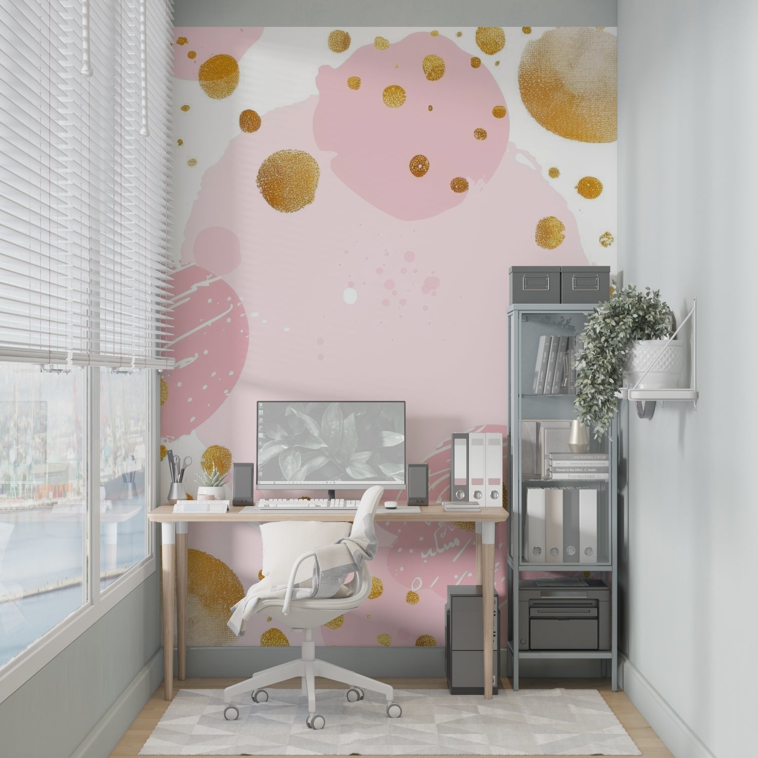 Pink and gold abstract wallpaper creating a cozy atmosphere in a modern living room with natural light