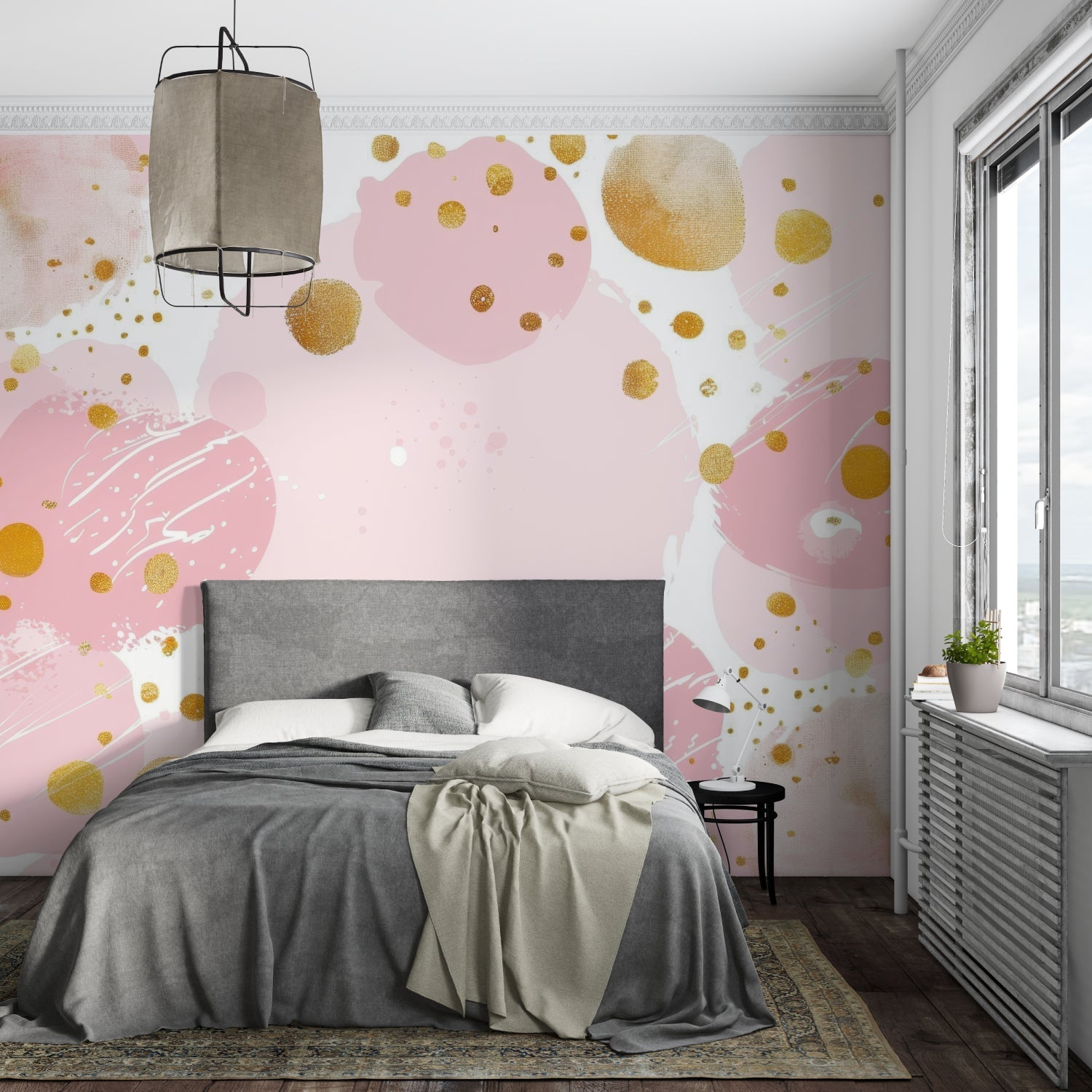 Pink and gold dotted wallpaper bringing elegance to a dining room setting