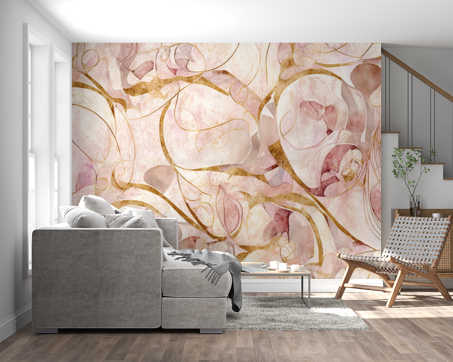 Pink and gold abstract wallpaper in modern living room creating an elegant atmosphere