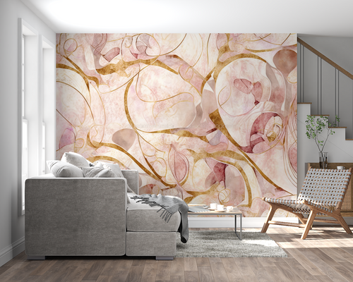 Pink and gold abstract wallpaper in modern living room creating an elegant atmosphere