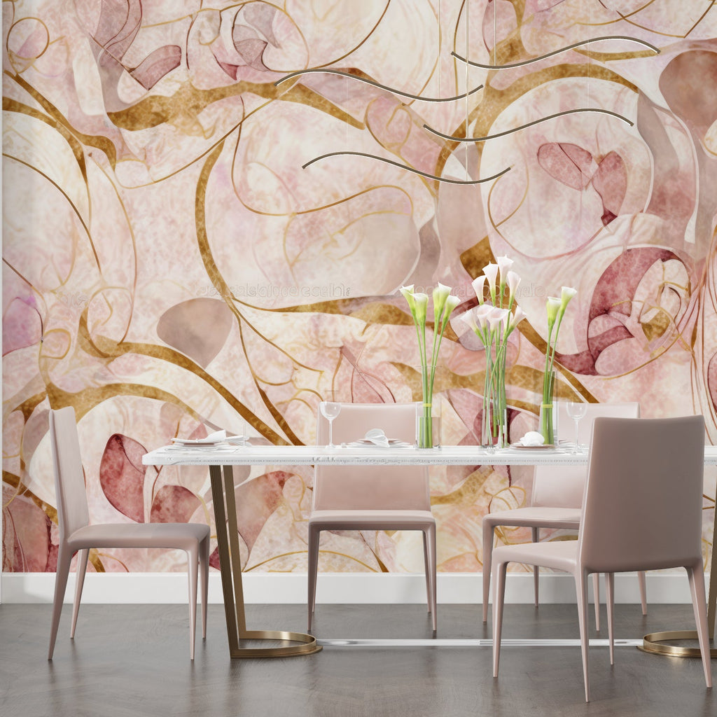 Abstract pink and gold wall mural brightening a contemporary dining space