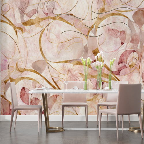 Abstract pink and gold wall mural brightening a contemporary dining space