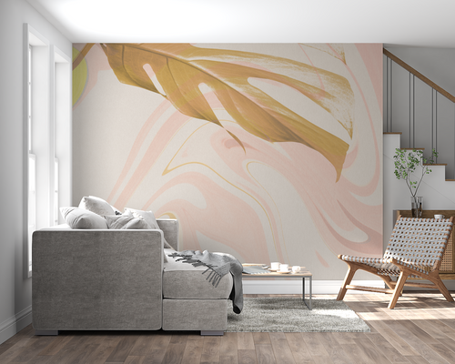 Pink and gold marble wallpaper in modern living room showing flowing abstract design