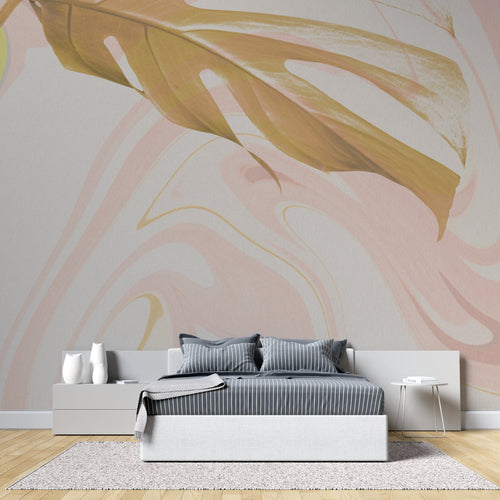 Abstract marble wall mural creating elegant atmosphere in master bedroom