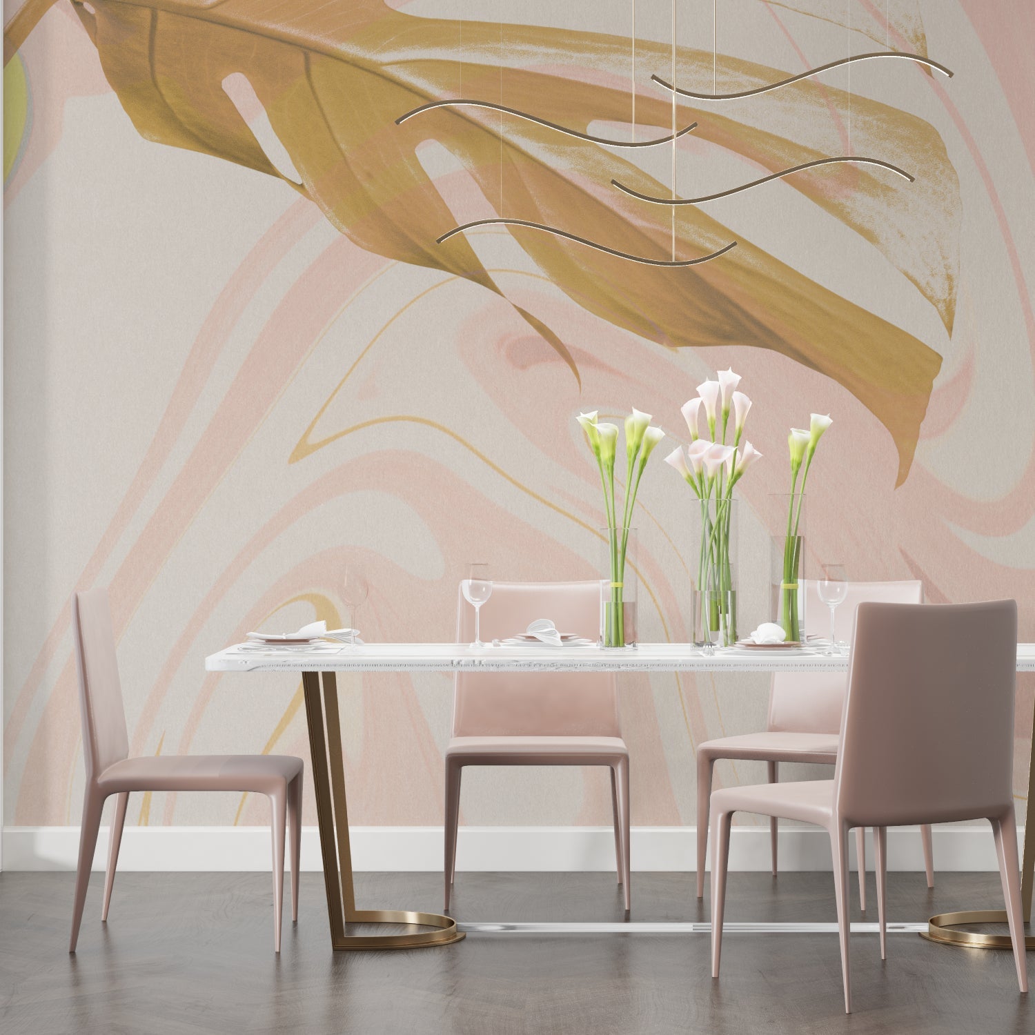 Pink and gold abstract wallpaper making statement in dining room setting