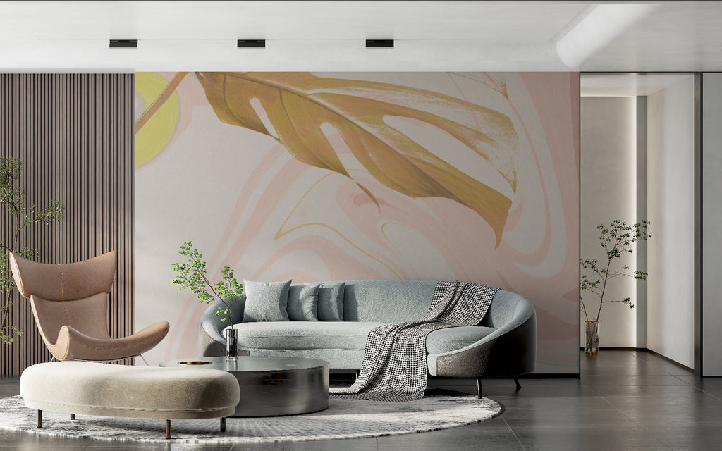 Luxury marble wallpaper showcased in home office with natural lighting