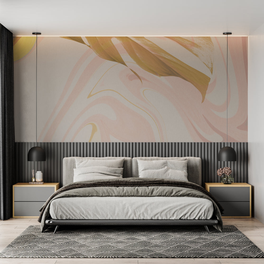 Modern abstract wall mural displayed in entrance hall with gold accents