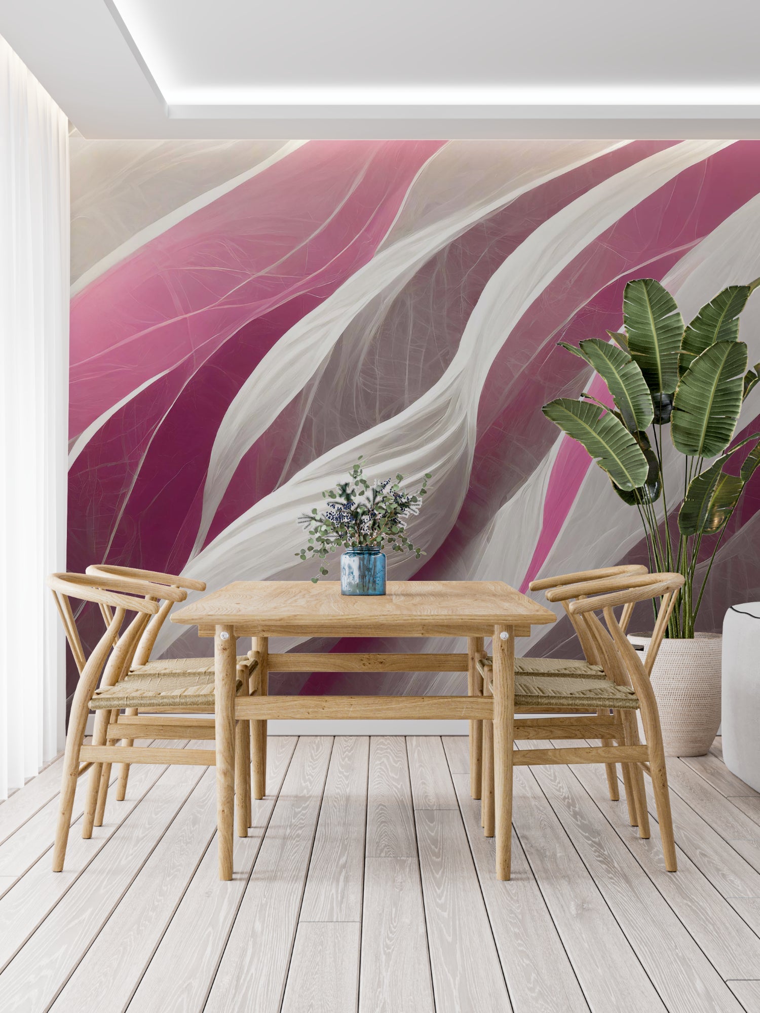 Modern home office featuring pink and grey flowing wave wallpaper design