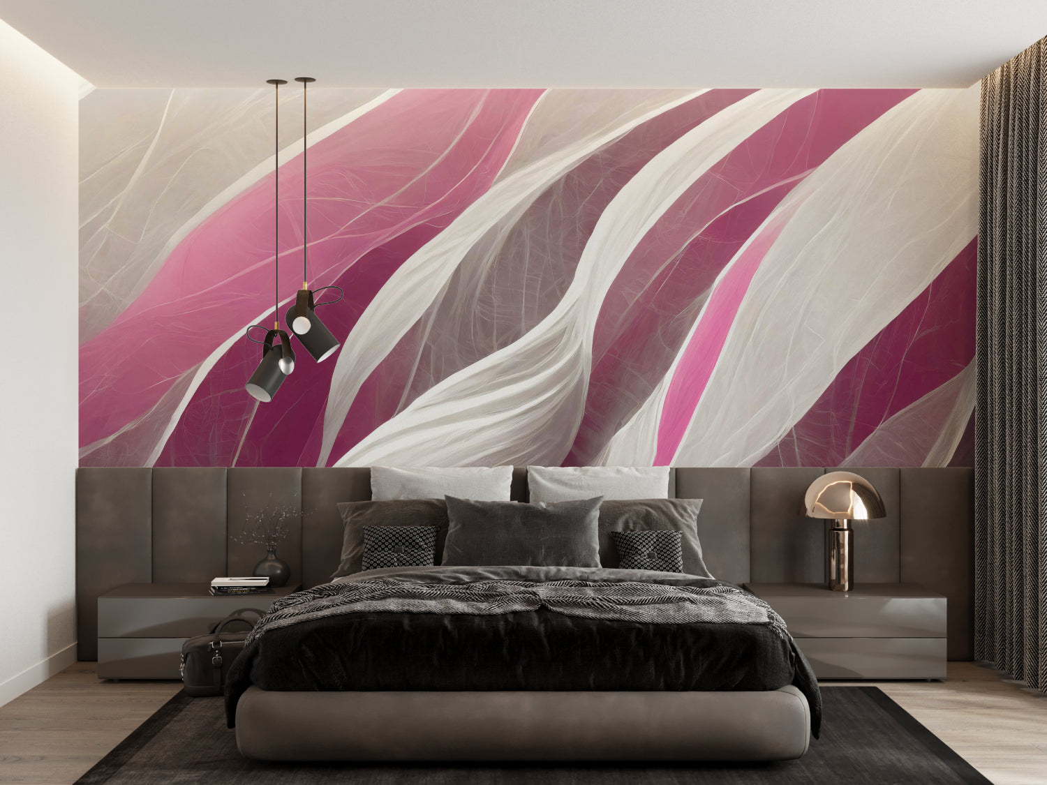 Flowing wave wallpaper in soft pink and grey shown in meditation room