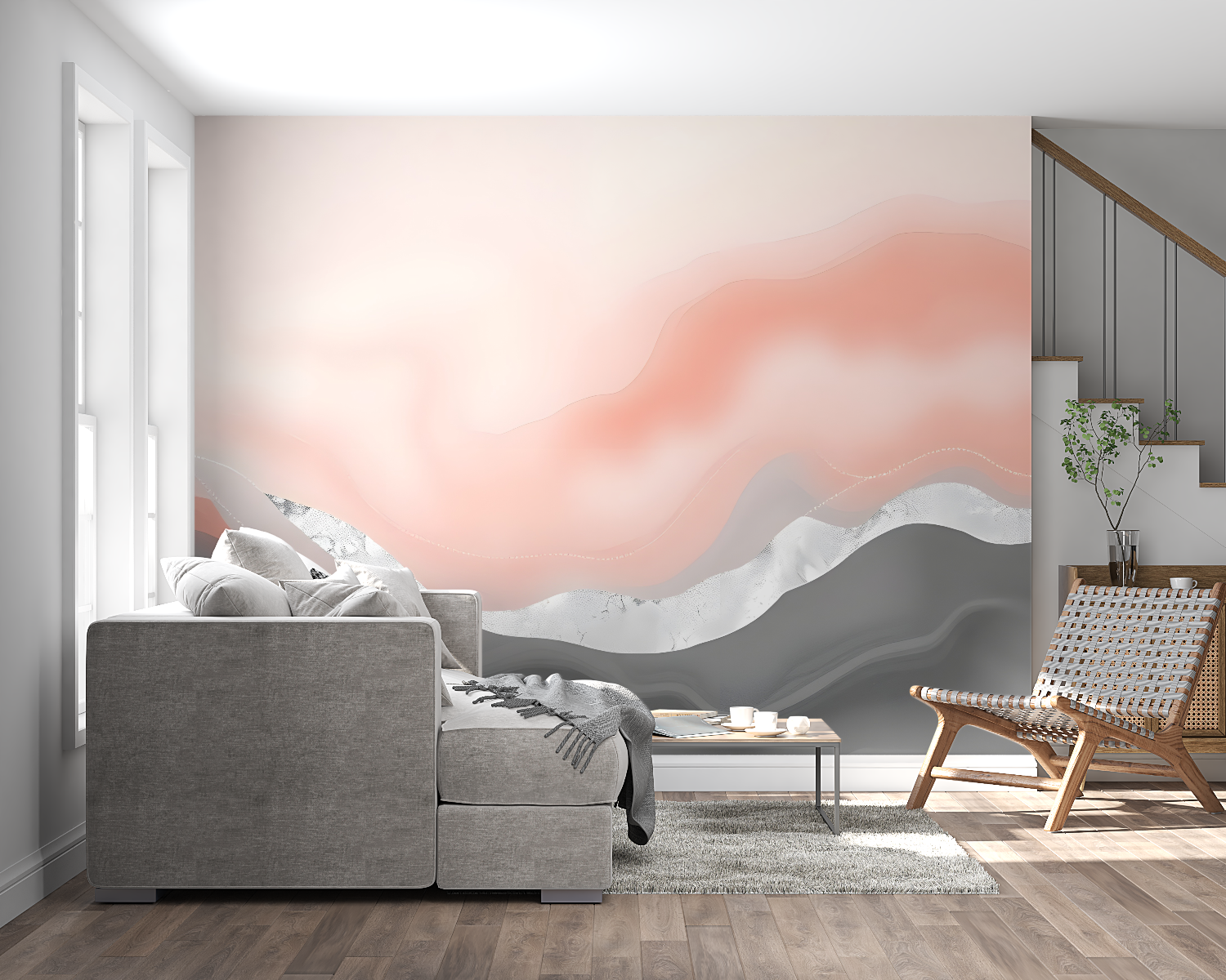 Watercolor wave wallpaper in home office showing flowing design