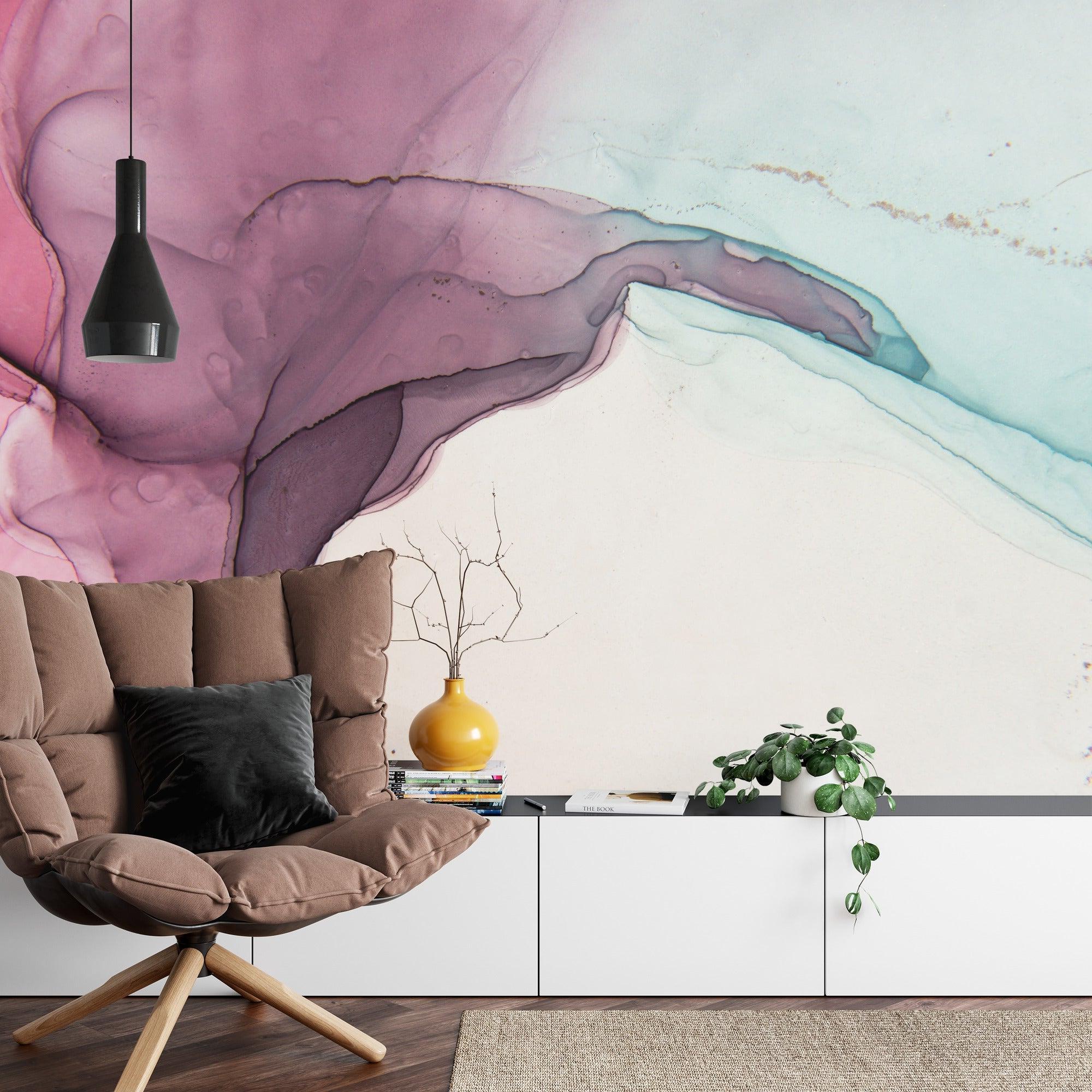 Abstract pink and mint wallpaper in a bright home office space