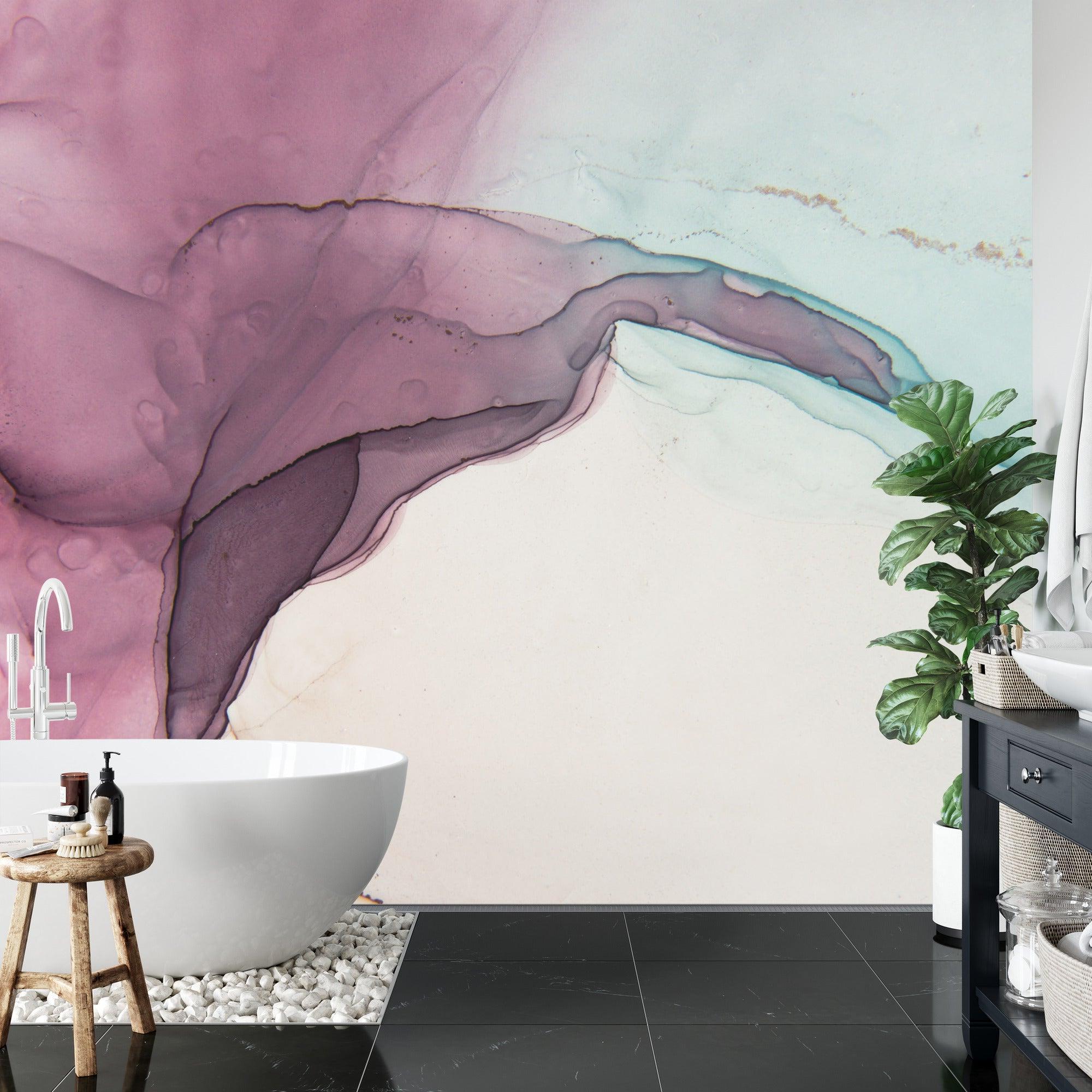 Mint and pink abstract mural wallpaper in a contemporary dining room