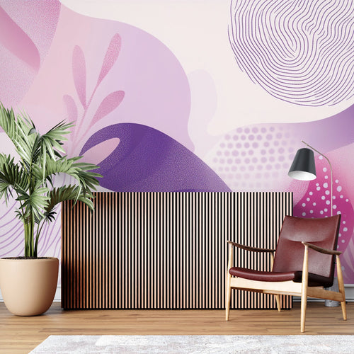 Pink and purple geometric wallpaper in modern living room creating a bold accent wall
