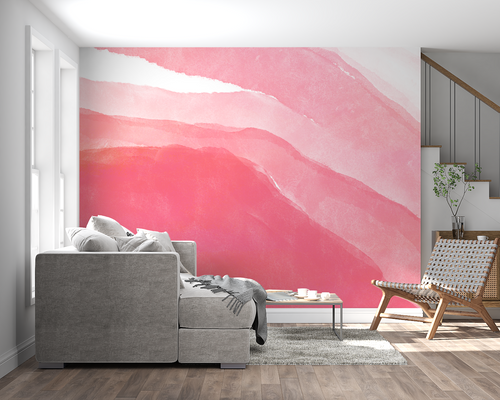 Pink watercolor wave wallpaper in bright modern living room with minimal furniture