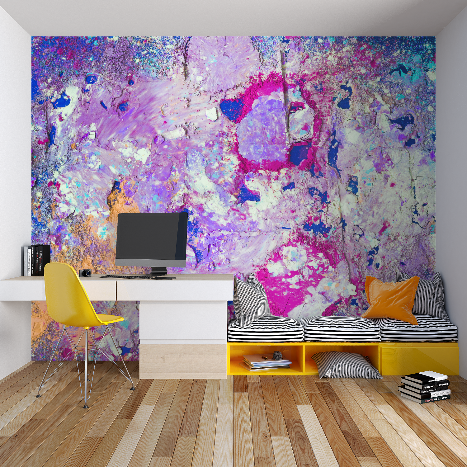 Home office featuring Abstract Purple wall mural bringing creative energy to workspace