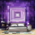 Purple geometric tunnel wallpaper creating depth in a modern living room with minimal furniture and natural lighting