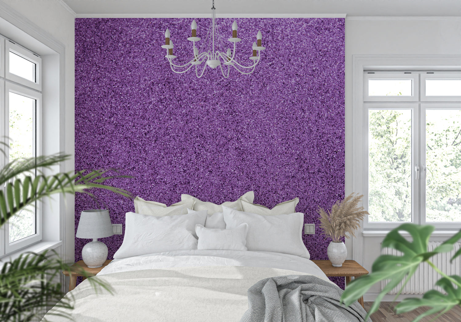 Glitter wallpaper showcased in a luxury home office with evening lighting