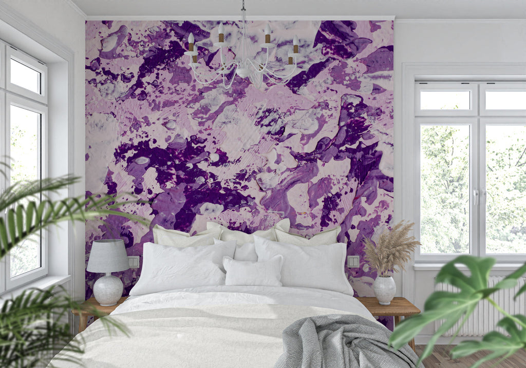 Paint splash wallpaper making statement in home office with contemporary desk