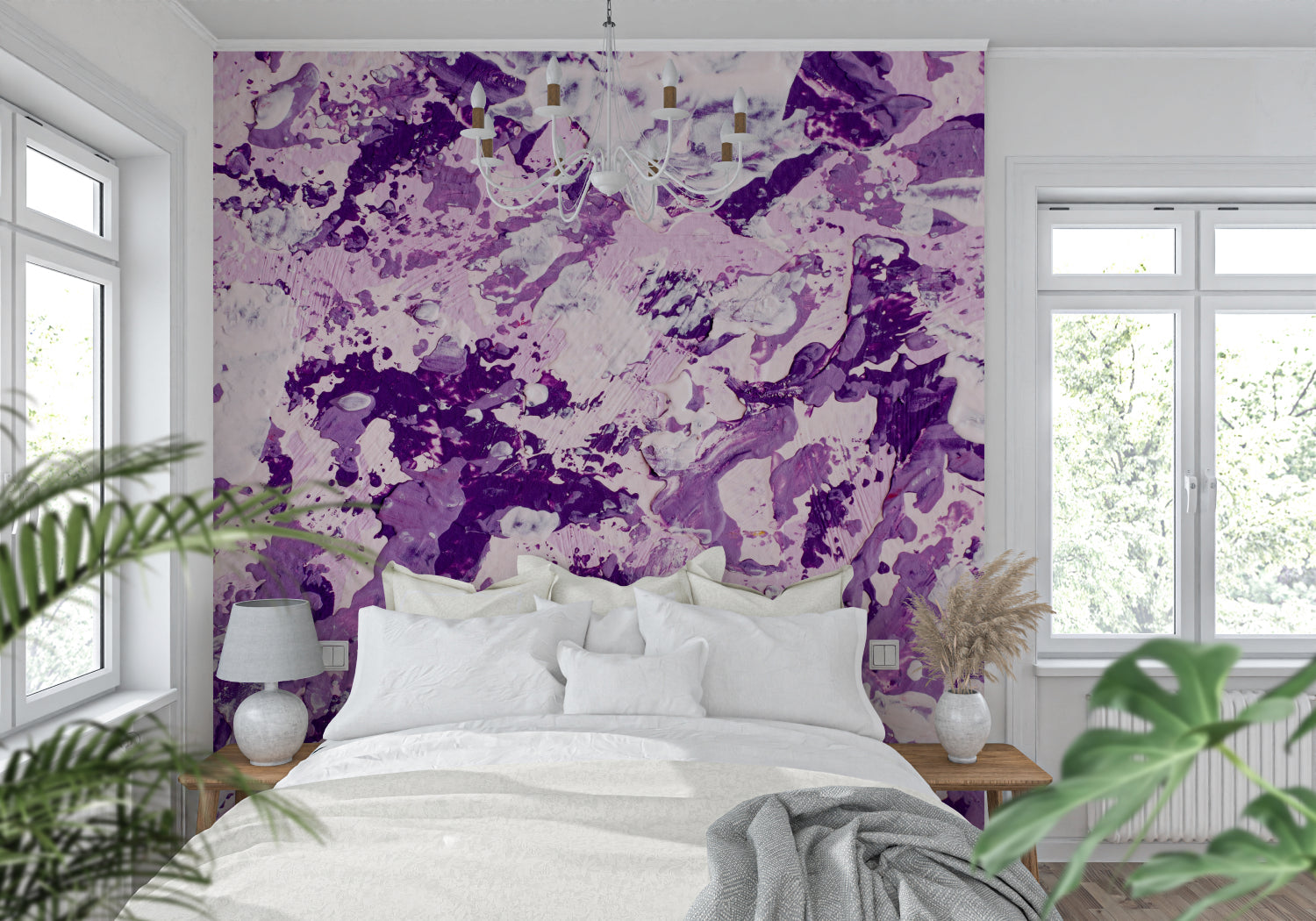 Paint splash wallpaper making statement in home office with contemporary desk