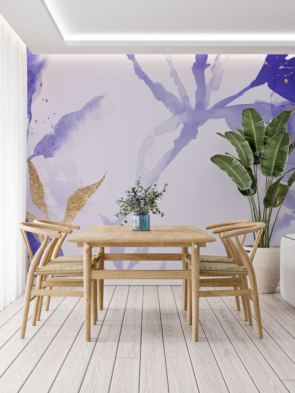 Abstract purple watercolor mural with gold accents in a cozy bedroom setting