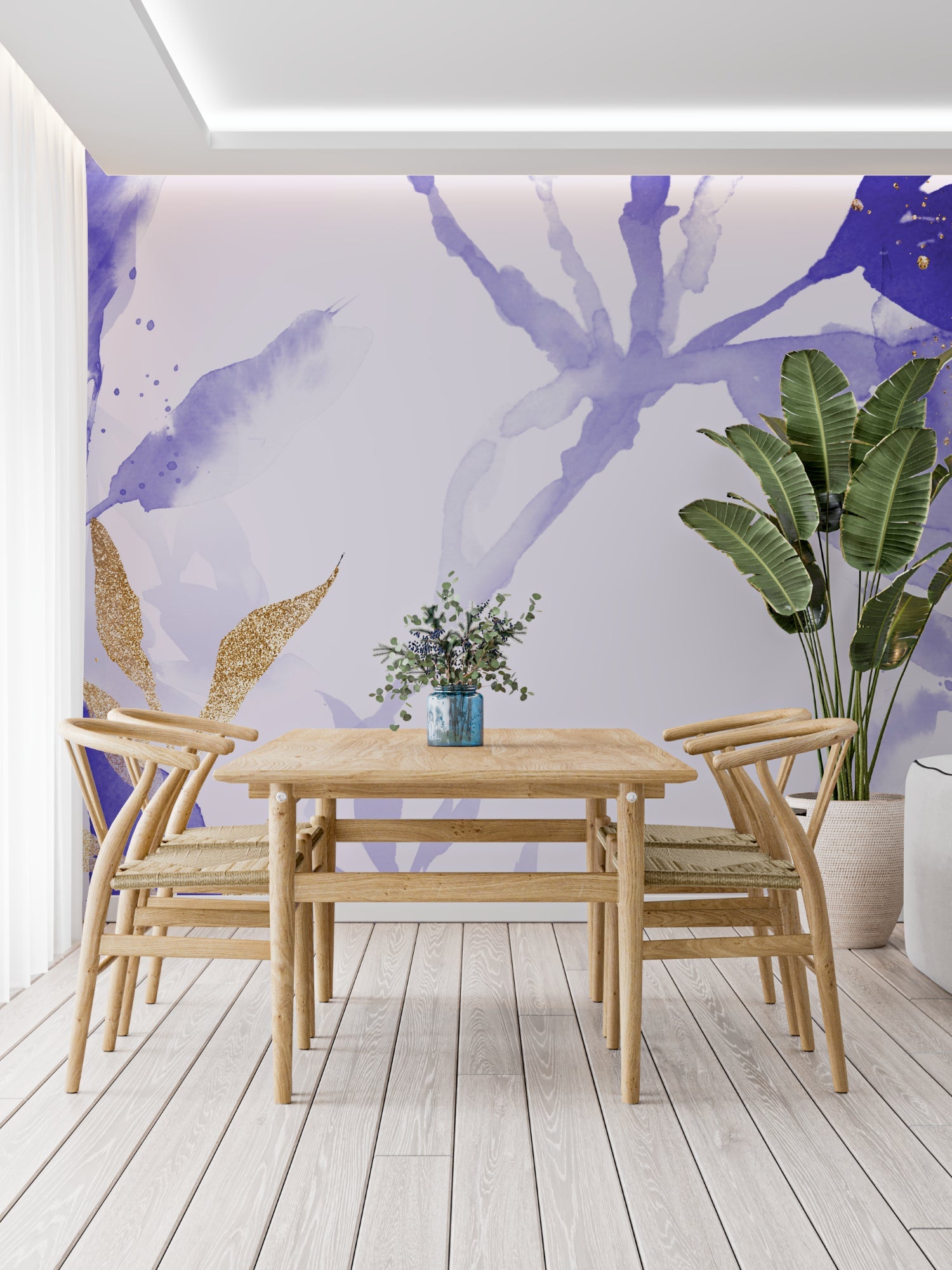Abstract purple watercolor mural with gold accents in a cozy bedroom setting