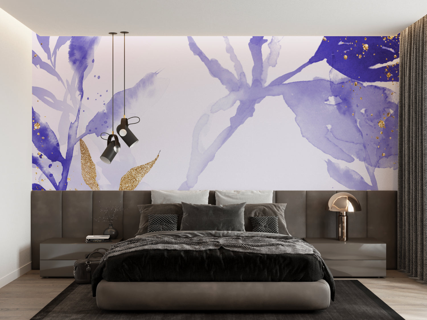 Abstract purple wallpaper with gold details in a stylish entryway