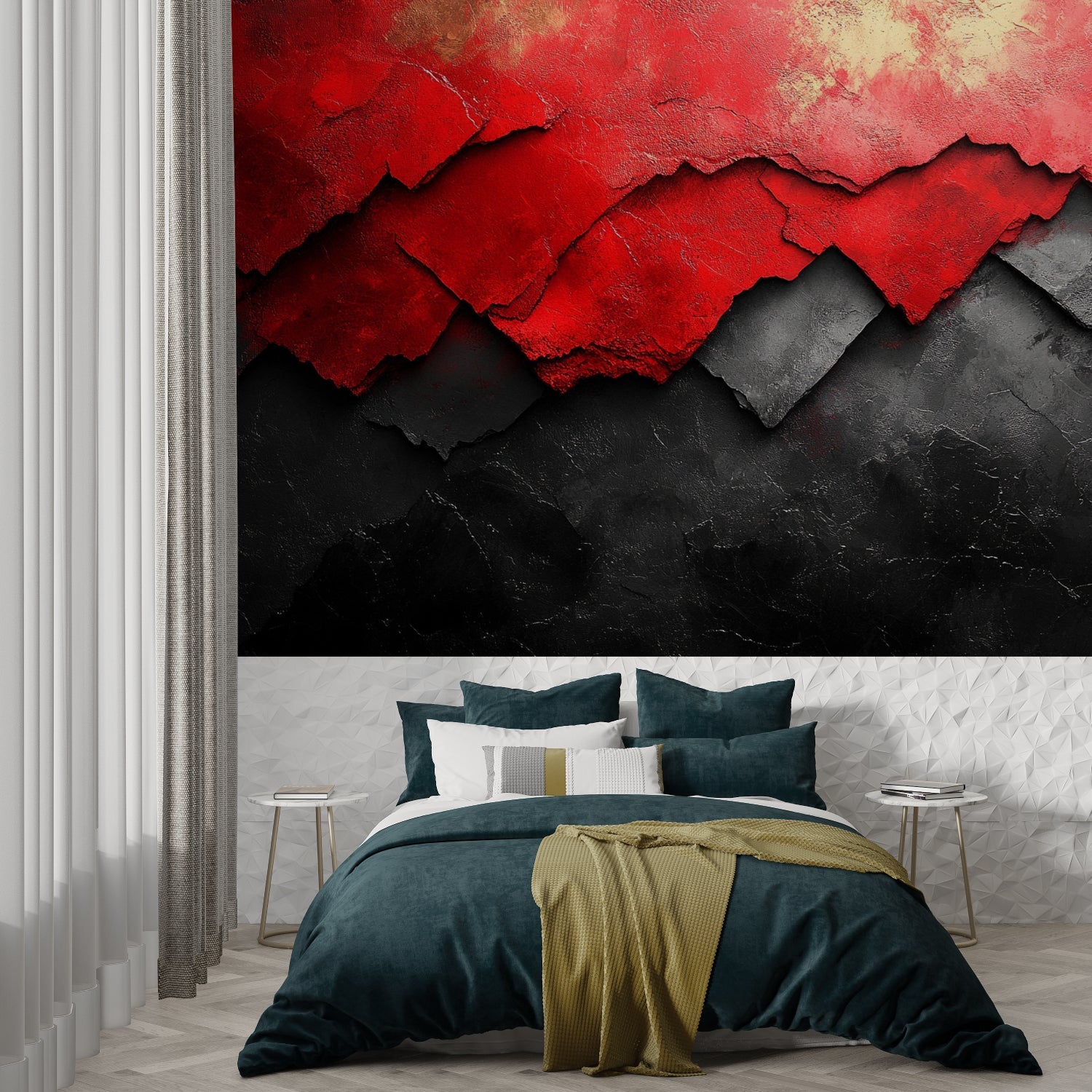Abstract red textured wallpaper making a bold statement in contemporary office space