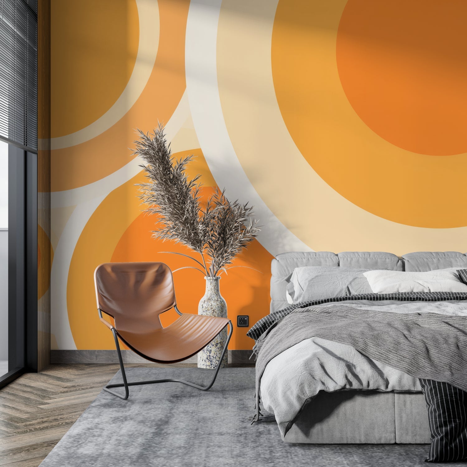 Abstract orange circle pattern wallpaper in home office with white desk