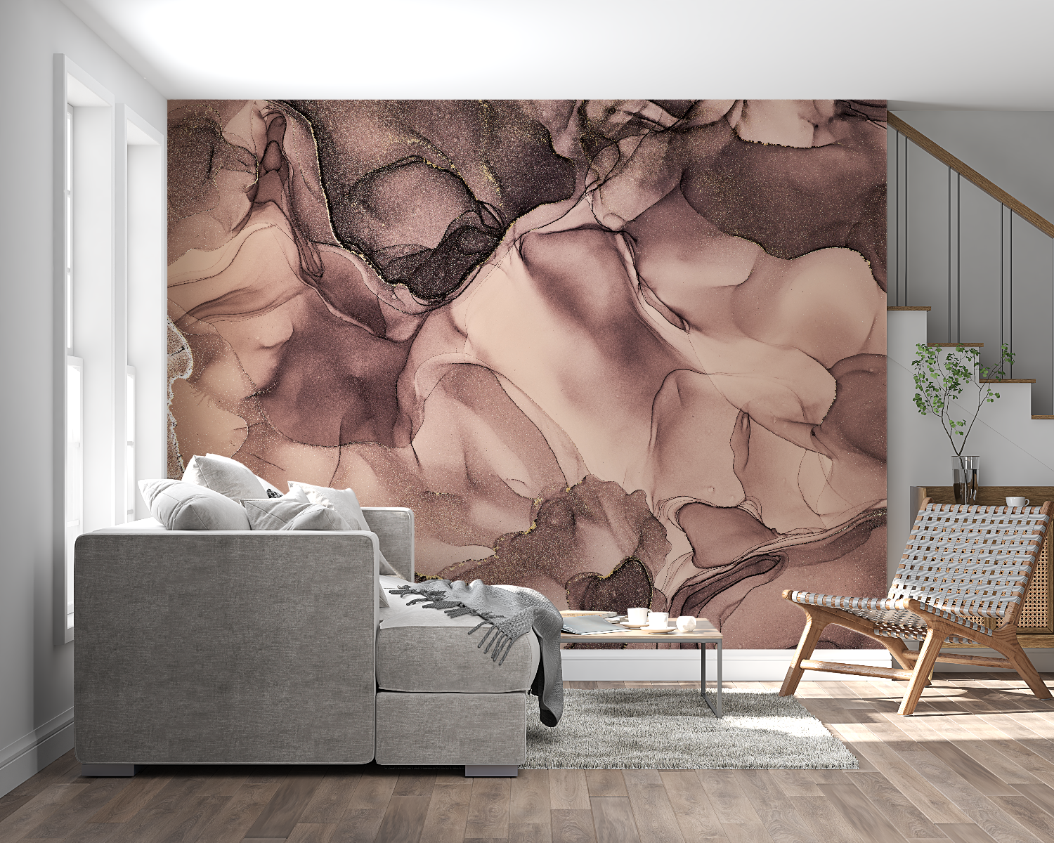 Rose gold abstract wallpaper creating a luxurious atmosphere in a modern living room setting