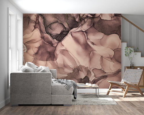 Rose gold abstract wallpaper creating a luxurious atmosphere in a modern living room setting
