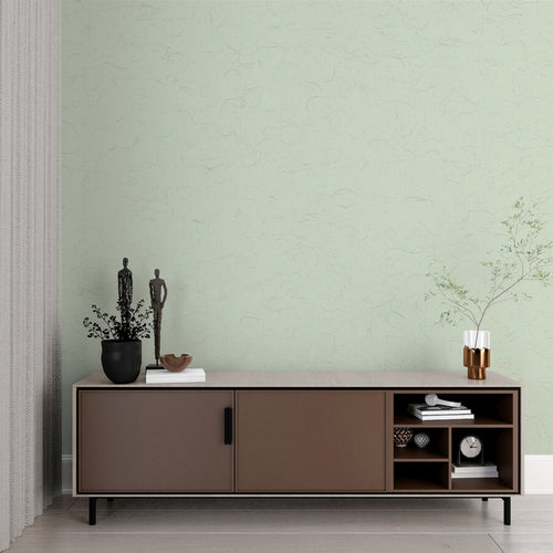 Abstract sage wallpaper creating calm atmosphere in minimalist bedroom setting
