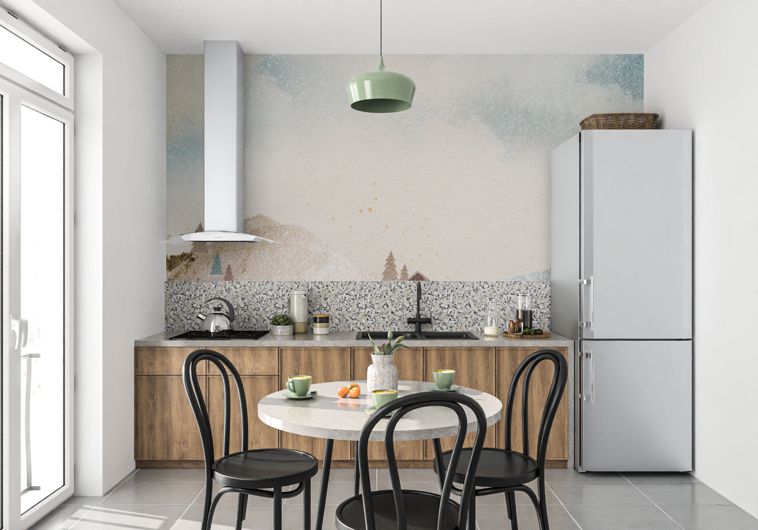 Watercolor gradient wall mural bringing calm to a home office space