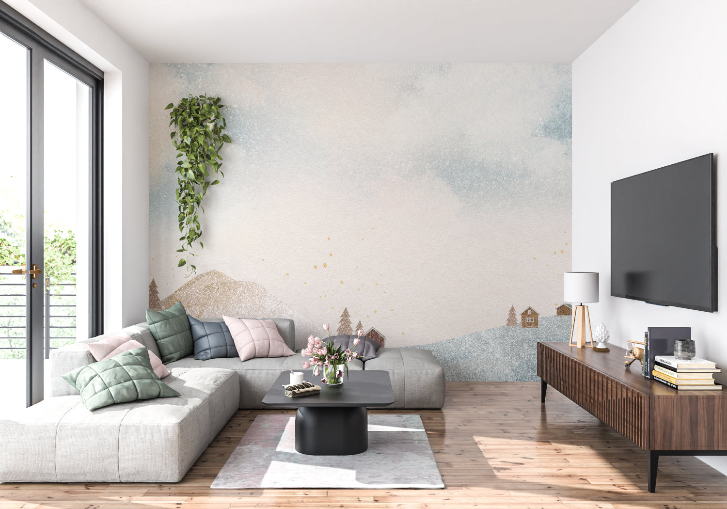 Abstract blue gradient wallpaper enhancing a dining room