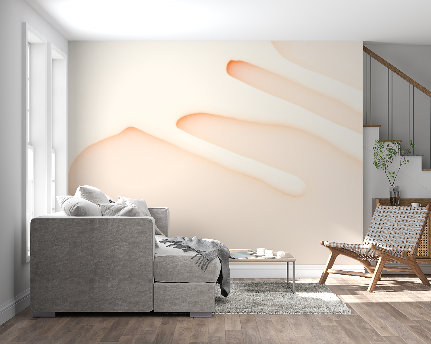Abstract line pattern mural in dining room with natural lighting