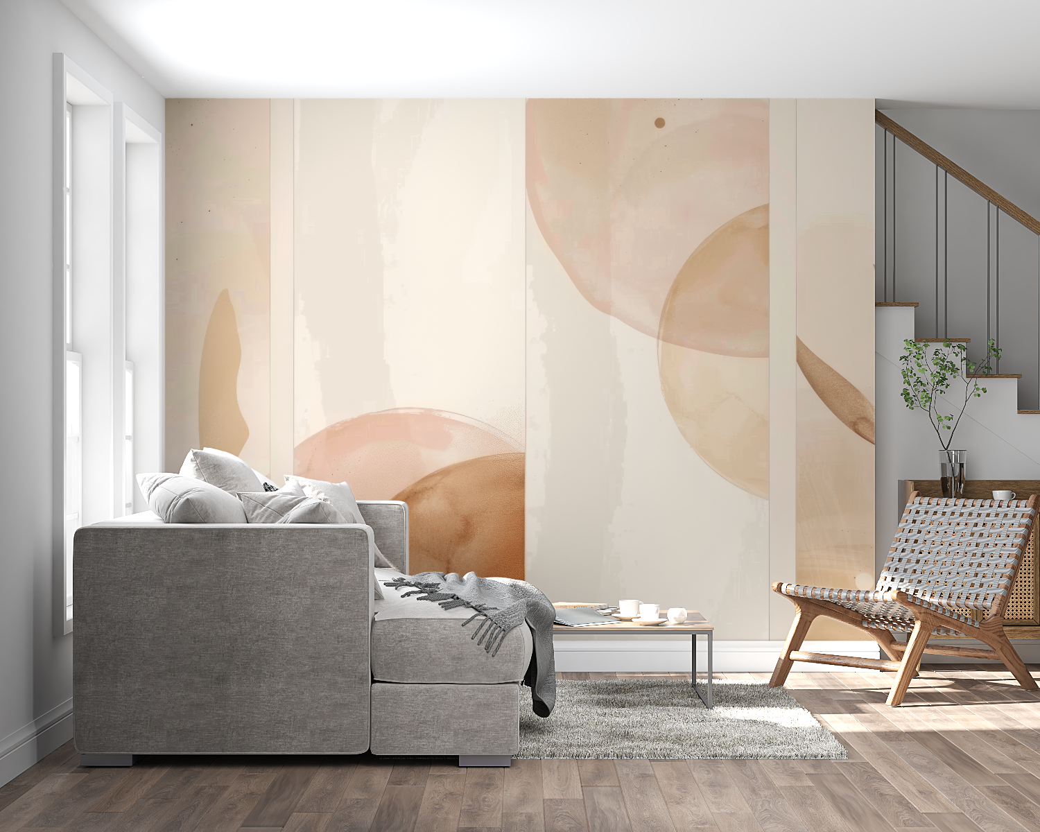 Abstract beige wallpaper in home office with wooden desk and plants