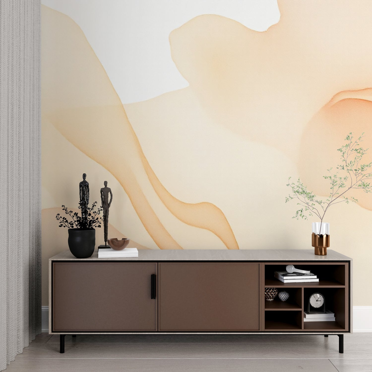 Soft wave pattern wallpaper in minimal bedroom setting