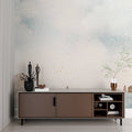 Abstract pastel landscape wallpaper in modern living room creating serene atmosphere