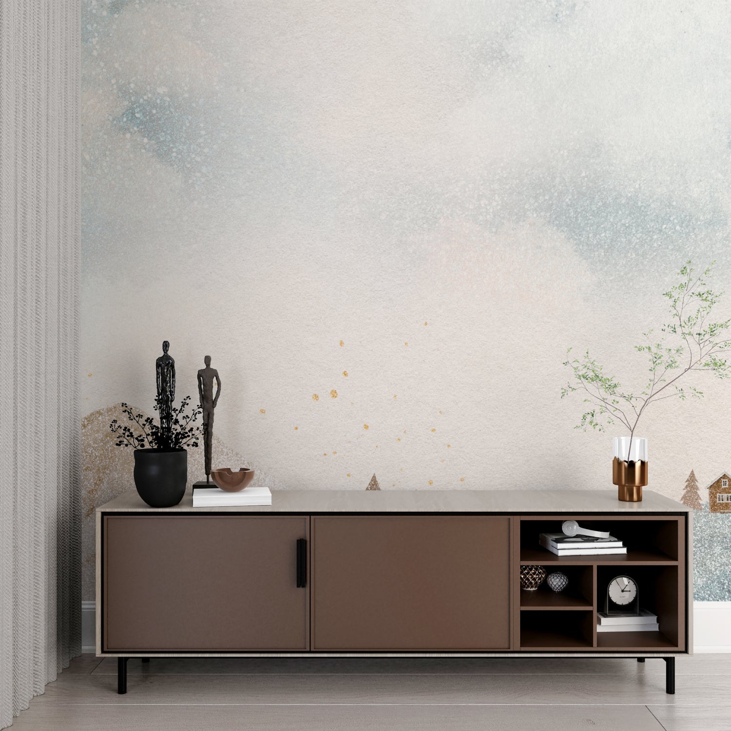 Abstract pastel landscape wallpaper in modern living room creating serene atmosphere