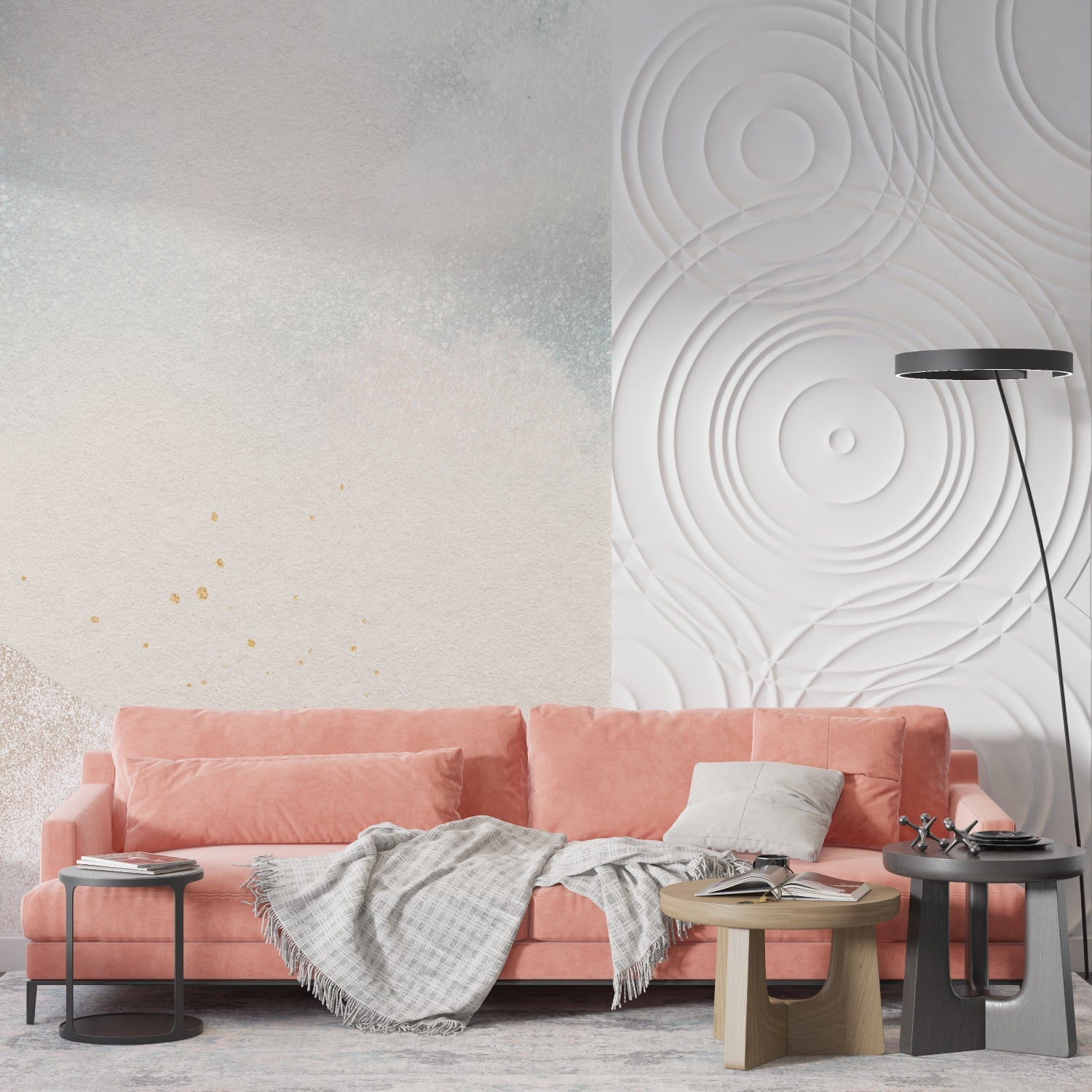Soft pastel abstract mural in minimalist bedroom with natural light