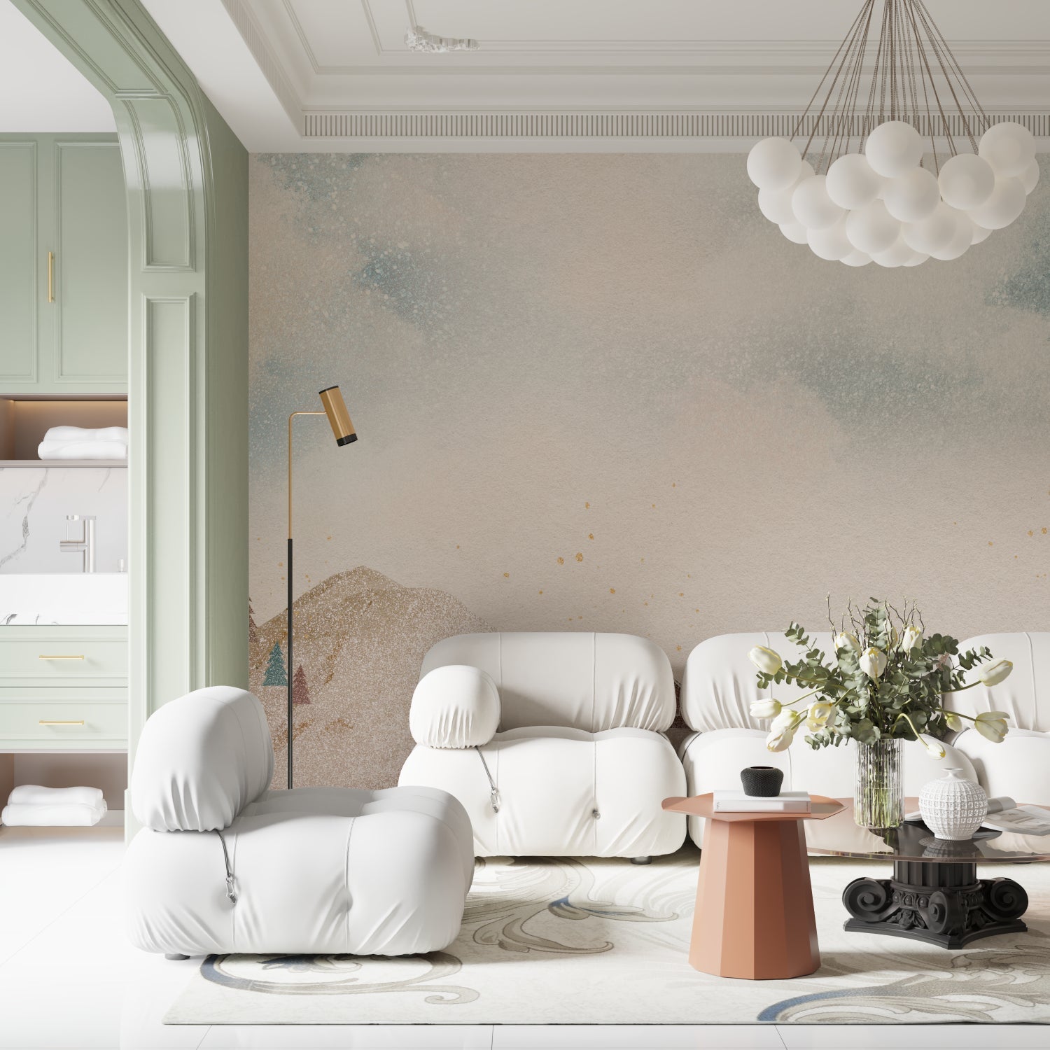 Contemporary abstract wallpaper bringing calm to home office space