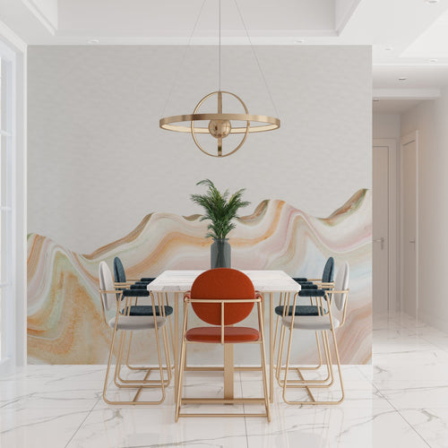 Marble abstract wallpaper in modern living room showing soft pastel waves creating depth