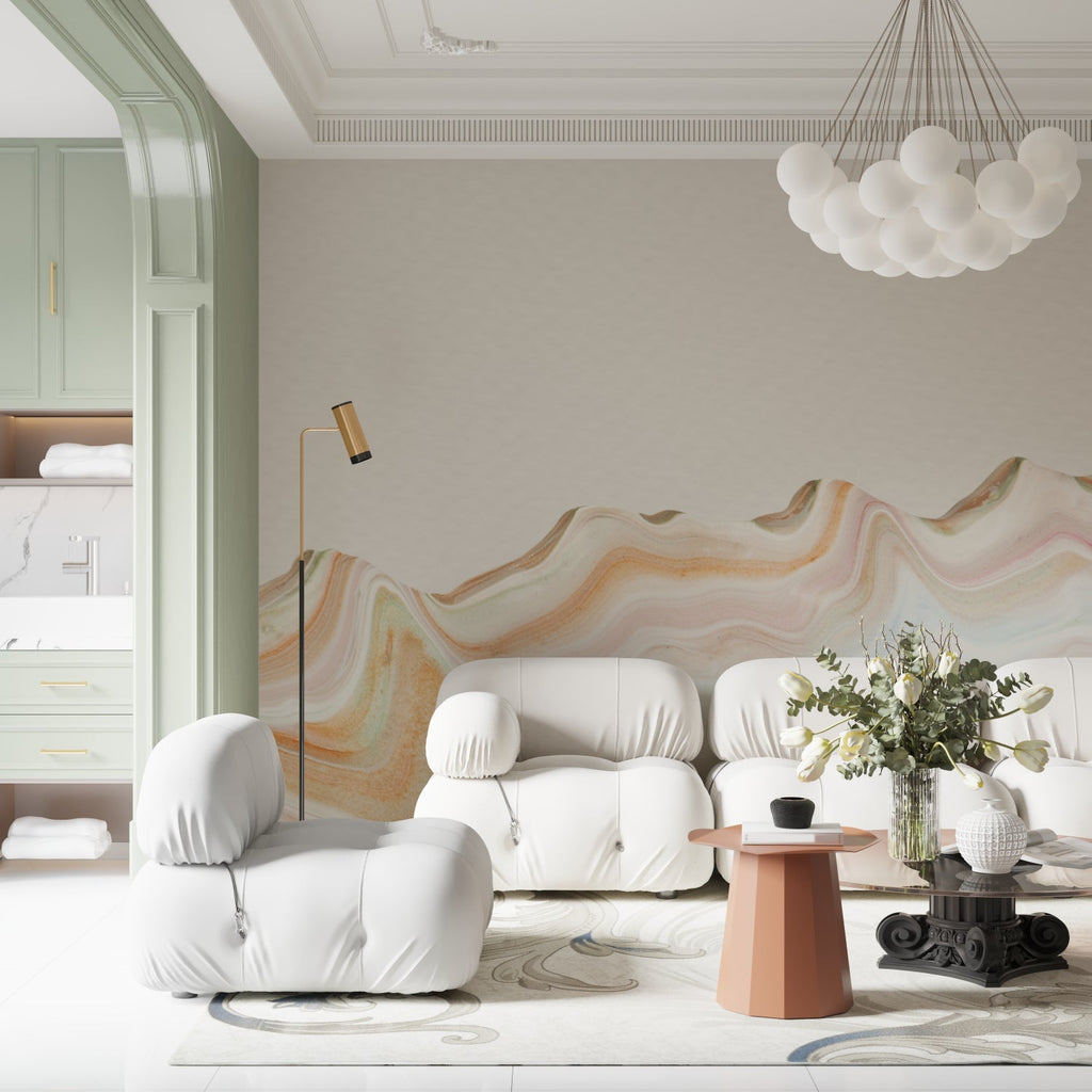 Abstract marble wallpaper featuring soft waves in dining room setup