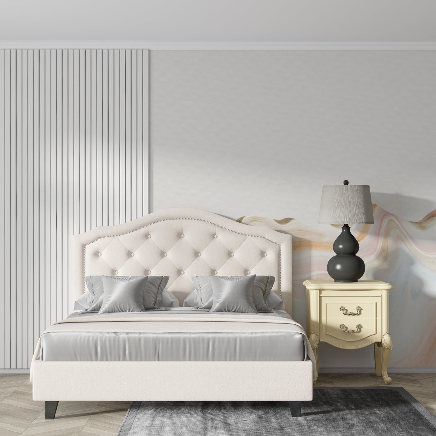 Soft pastel marble wallpaper in home office showing gentle flowing pattern