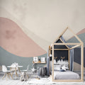 Abstract wave wallpaper in modern bedroom showing soft pastel tones and flowing design