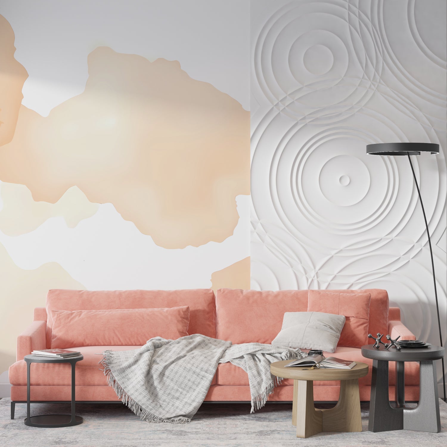 Peach watercolor mural bringing warmth to a minimalist bedroom setting