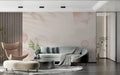 Abstract terracotta circular wallpaper in a bright modern living room with minimal furniture